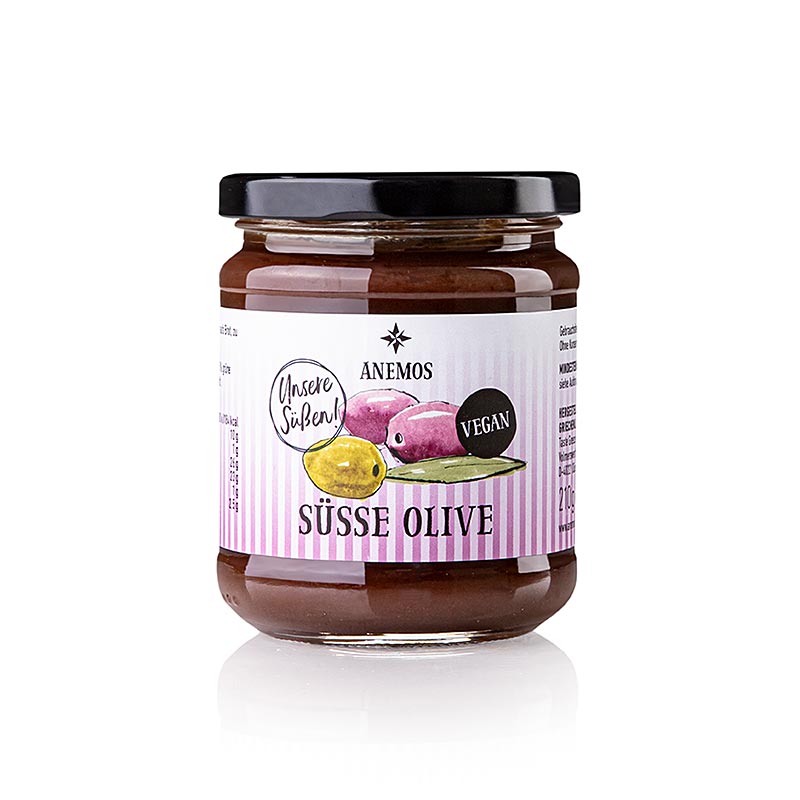 Pâte à tartiner sucrée aux olives Anemos 210 g - Olives mûries au soleil, sans additifs artificiels, idéale pour le pain, les crackers ou le nappage de desserts, pot de 210 g - Taille pratique, à acheter en Suisse