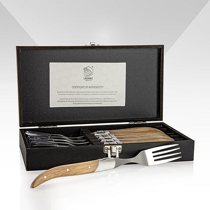 Set de 6 fourchettes, manche en bois d'olivier, boîte en bois, Laguiole, 1 pc