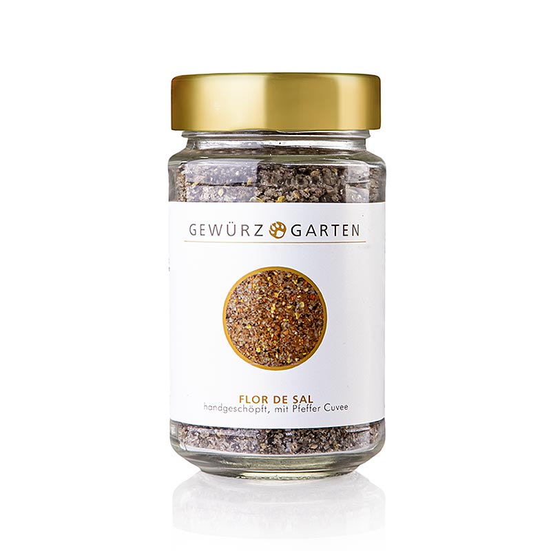 Flor de Sal fait à la main avec du poivre Cuvee, 170 g, emballé dans une saupoudreuse pratique Découvrez son goût unique !