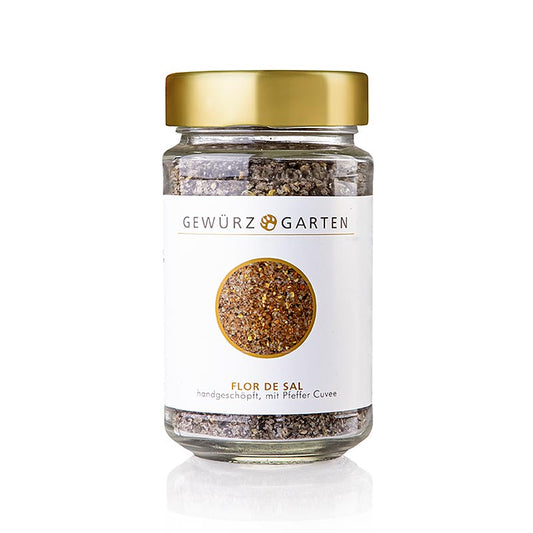 Flor de Sal fait à la main avec du poivre Cuvee, 170 g, emballé dans une saupoudreuse pratique Découvrez son goût unique !