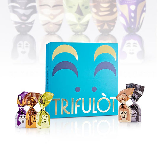 Coffret cadeau de luxe de 260 grammes contenant 5 variétés de Tartuflanghe trifulòt Pralines aux truffes Alba Mini, soigneusement préparées avec de véritables truffes