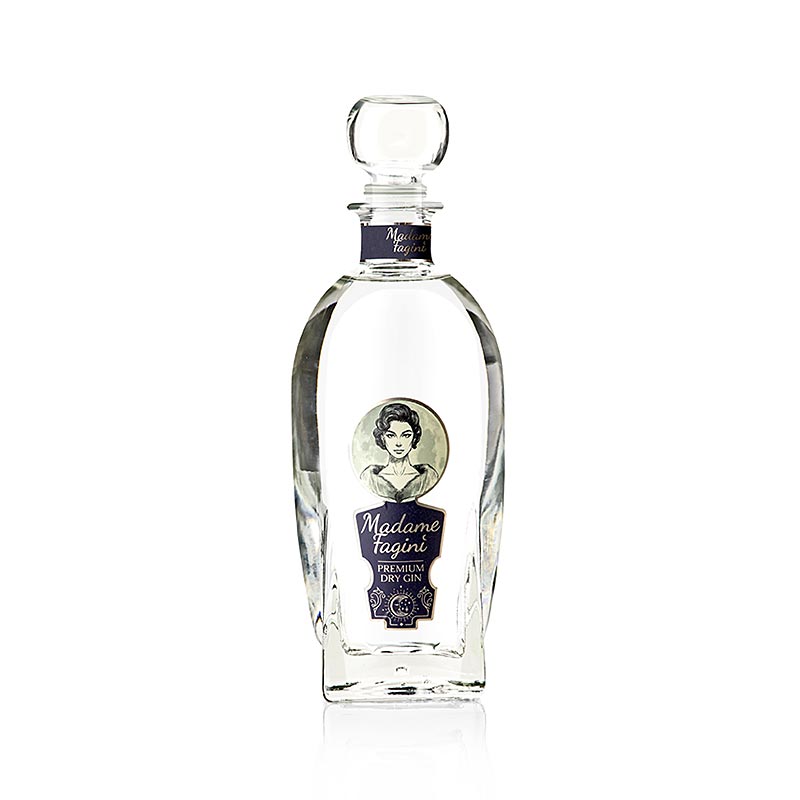 Image d'une bouteille de Gin Madame Fagini Premium Dry Gin Düsseldorf 40% Vol, 500 ml dans un emballage de haute qualité