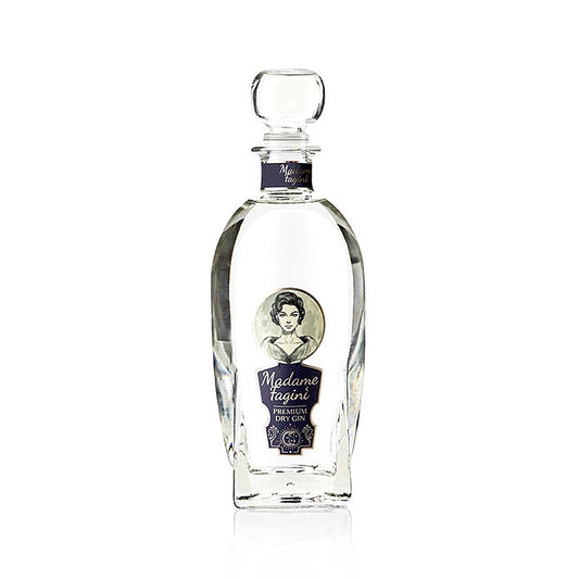 Image d'une bouteille de Gin Madame Fagini Premium Dry Gin Düsseldorf 40% Vol, 500 ml dans un emballage de haute qualité