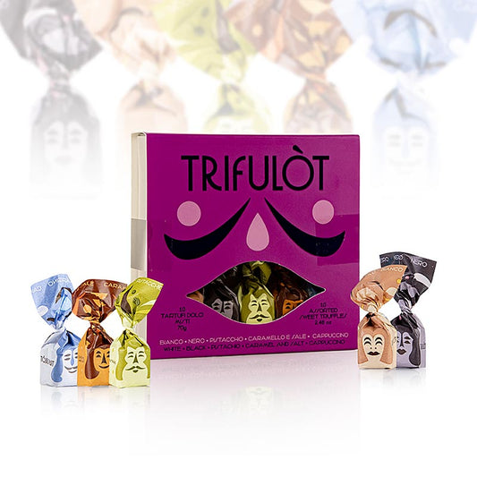 Pralines truffées au chocolat de Tartuflanghe en 5 sortes : chocolat noir, chocolat blanc, pistache, caramel & sel et cappuccino, 10 pièces, 70g