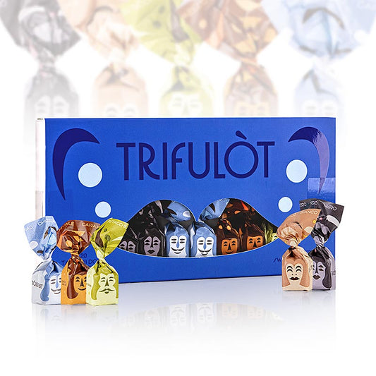 Pralines à la truffe Alba mini dans les variétés chocolat noir, chocolat blanc, pistache, caramel & sel, cappuccino, 20 pièces, 145g
