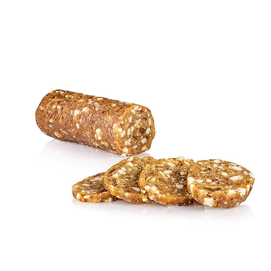 Image d'un rouleau de dattes et d'amandes, végétalien, 180g, parfait pour accompagner le fromage