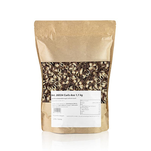 Râpe à garnir chocolat fleur blanc/lait entier (Curls Duo) en emballage de 11 kg