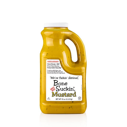 Moutarde au goût sucré et piquant de Bone Suckin' Mustard BBQ, fabriquée par Ford's Food, en 1,8 litre