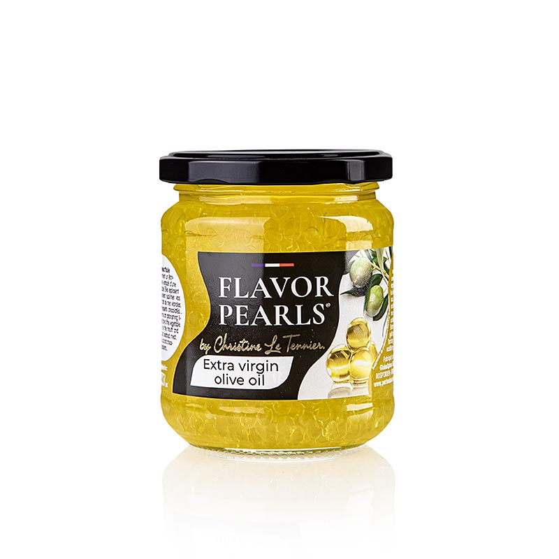 Perles D'Huile - Caviar d'huile d'olive, perles d'huile d'olive (sphériques), 190 g : L'image du produit montre les perles brillantes de caviar d'huile d'olive dans l'emballage.