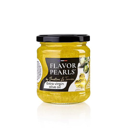 Perles D'Huile - Caviar d'huile d'olive, perles d'huile d'olive (sphériques), 190 g : L'image du produit montre les perles brillantes de caviar d'huile d'olive dans l'emballage.