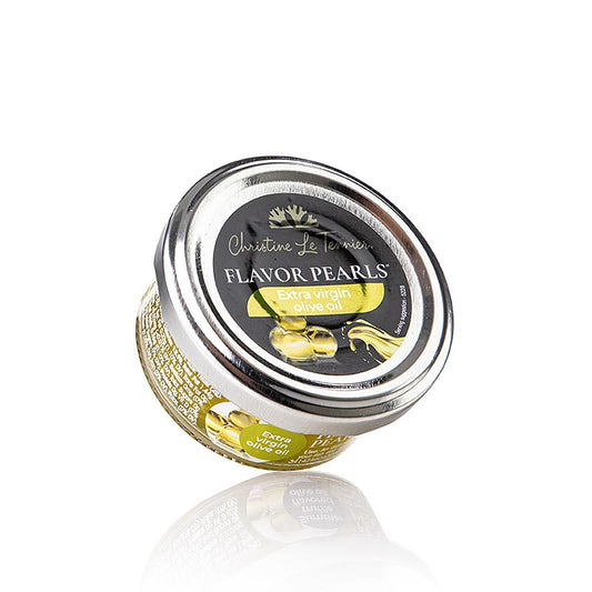 Perles D'Huile - Caviar d'huile d'olive, perles d'huile d'olive (sphériques), 45 g - Image d'un bocal contenant des perles d'huile d'olive qui serviront de complément luxueux à différents plats.