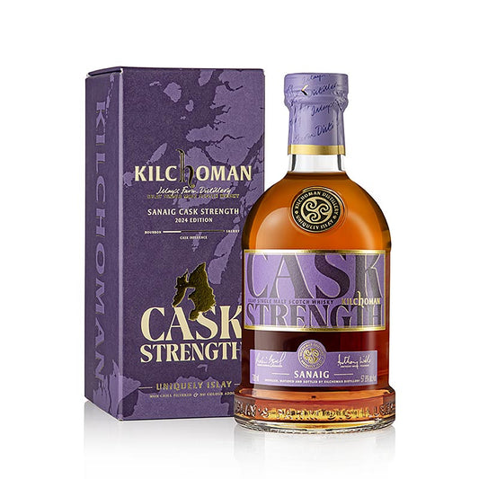 Single Malt Whisky Kilchoman Sanaig Cask Strength, 57,8% vol, Islay, 700 ml - L'image du produit montre la bouteille de whisky single malt avec fût de chêne fort, fait à la main sur l'île d'Islay, Ecosse, taille de la bouteille 700 ml
