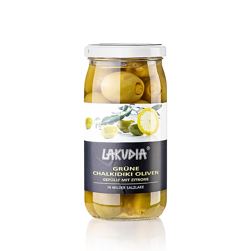 Olives vertes "Chalkidiki ", dénoyautées, au citron, Lakudia, 355 g