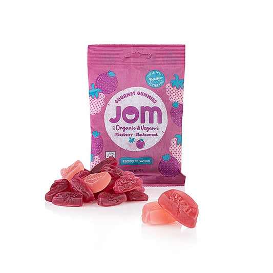 JOM - Raspberry & Black Currant Gummy Candy (gomme aux fruits), vegan, BIO, 70 g