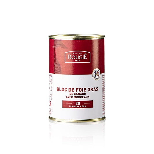 Blocco di fegato d'anatra, con pezzi, rotondo, semiconservato, foie gras, Rougié, 400 g