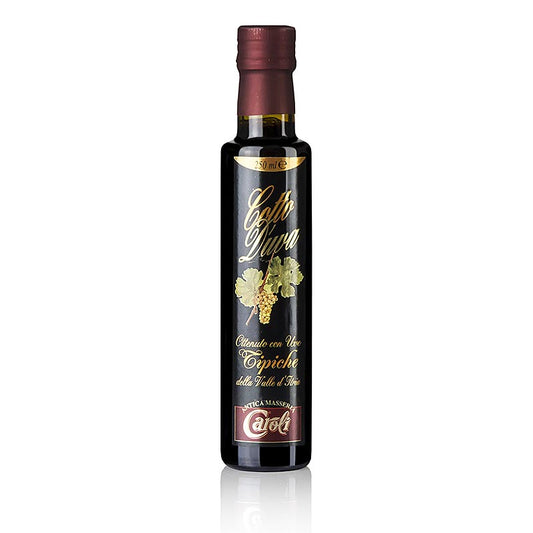 Mosto d'uva cotto, ottenuto da uva appassita, ideale per dolci, formaggi, carni, insalate di riso e lenticchie