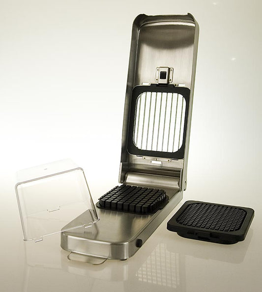 Affettaverdure e cipolle in acciaio inox, sviluppato appositamente per affettare in modo semplice e veloce verdure e olive