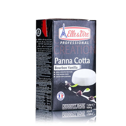  Illustrazione della preparazione della Panna Cotta con il preparato liquido di Elle & Vire, che può essere colorato, aromatizzato e modellato, mantiene la sua forma anche se accompagnato da frutta, coulis e salsa al caramello e, in combinazione con gelatina vegetariana, si può realizzare una sfoglia di Panna Cotta, che può essere farcita, ad esempio, con mousse di fragole