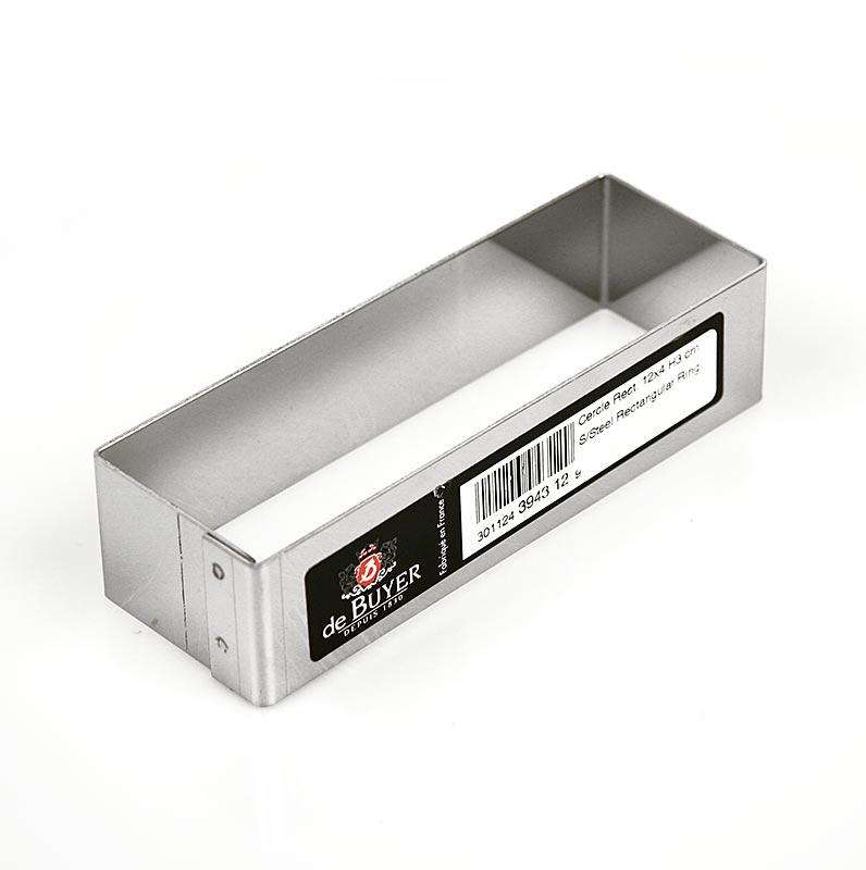 Testo Alt: cornice rettangolare in acciaio inox di deBUYER, dimensioni 12,4 x 4,3 cm, altezza 3 cm, ideale per la preparazione di cibi deliziosi, resistente e di alta qualità