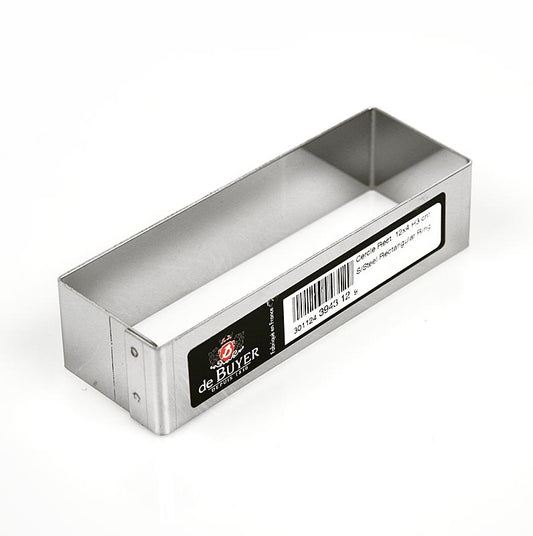 Testo Alt: cornice rettangolare in acciaio inox di deBUYER, dimensioni 12,4 x 4,3 cm, altezza 3 cm, ideale per la preparazione di cibi deliziosi, resistente e di alta qualità