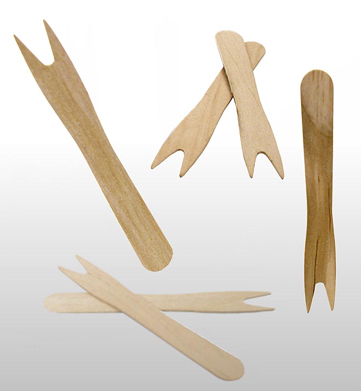 Forchettine da snack in legno, marrone chiaro, 8,5 cm, con 2 punte, 1.000 pezzi.
