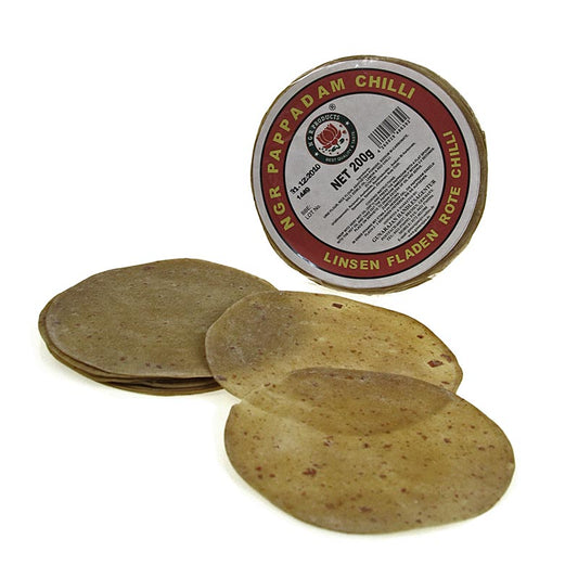 Pappadums, conditi con peperoncini rossi, ø 15 cm circa, 200 g, 12 pz.