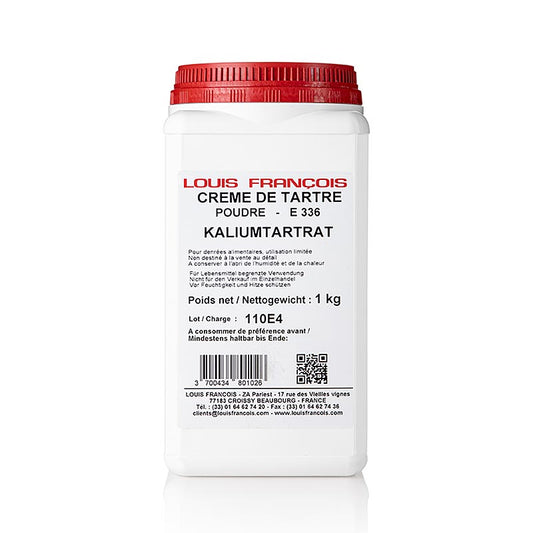 Crema di tartaro in polvere - Creme Detartre, tartrato di potassio, E 336, 1 kg: Sali di potassio dell'acido tartarico, per sciogliere gli impasti e intensificare il sapore della frutta Inibisce la crescita batterica, uso versatile