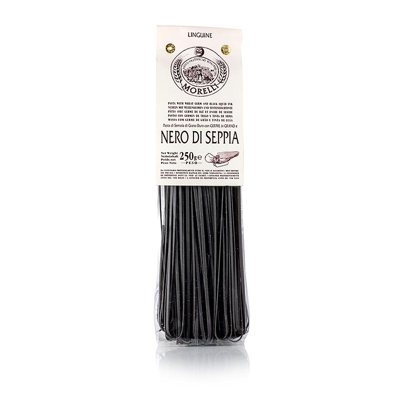 Morelli 1860 Linguine, nere, con nero di seppia e germe di grano, 250 g  Pasta, prodotti a base di pasta, freschi/secchi | thungourmet
