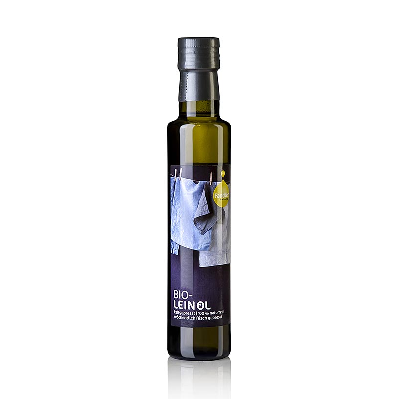 Olio di semi di lino biologico spremuto a freddo da Fandler, ricco di acidi grassi omega-3, ideale per la conservazione dell'arte e del corpo, conservare in frigorifero e utilizzare entro 3 mesi