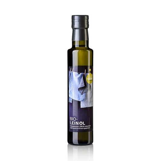 Olio di semi di lino biologico spremuto a freddo da Fandler, ricco di acidi grassi omega-3, ideale per la conservazione dell'arte e del corpo, conservare in frigorifero e utilizzare entro 3 mesi