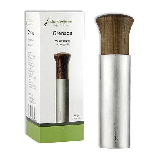 Affettatrice Muscat in acciaio inox e legno di noce con contenitore e scritta Ingo Holland