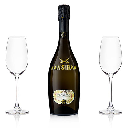 Zanzibar's Best San Simone Prosecco Brut 0,75l + 2 bicchieri da champagne Riedel, 3 pezzi.