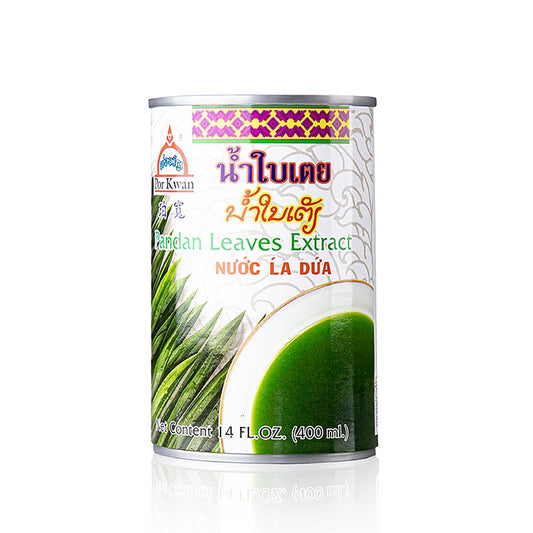 Estratto di foglie di pandanus Por Kwan, liquido, 400 ml - Immagine del prodotto con flacone di estratto, le foglie di pandanus utilizzate nella cucina tailandese per aromatizzare e colorare le pietanze