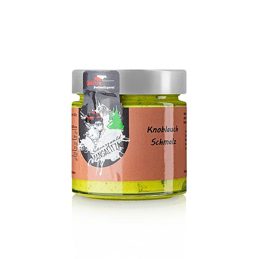 Lardo all'aglio, maiale di lana di Mangalitza, 140 g - Gusto unico e consistenza cremosa grazie ai maiali di lana allevati all'aperto tutto l'anno, al sale grosso, all'aglio arrostito, al macis, alla curcuma e alla calendula Specialità artigianale a base di grasso privo di colesterolo proveniente dagli antichi maiali di lana originali di Mangalitza, lavorati nella macelleria del villaggio Walter a Baden