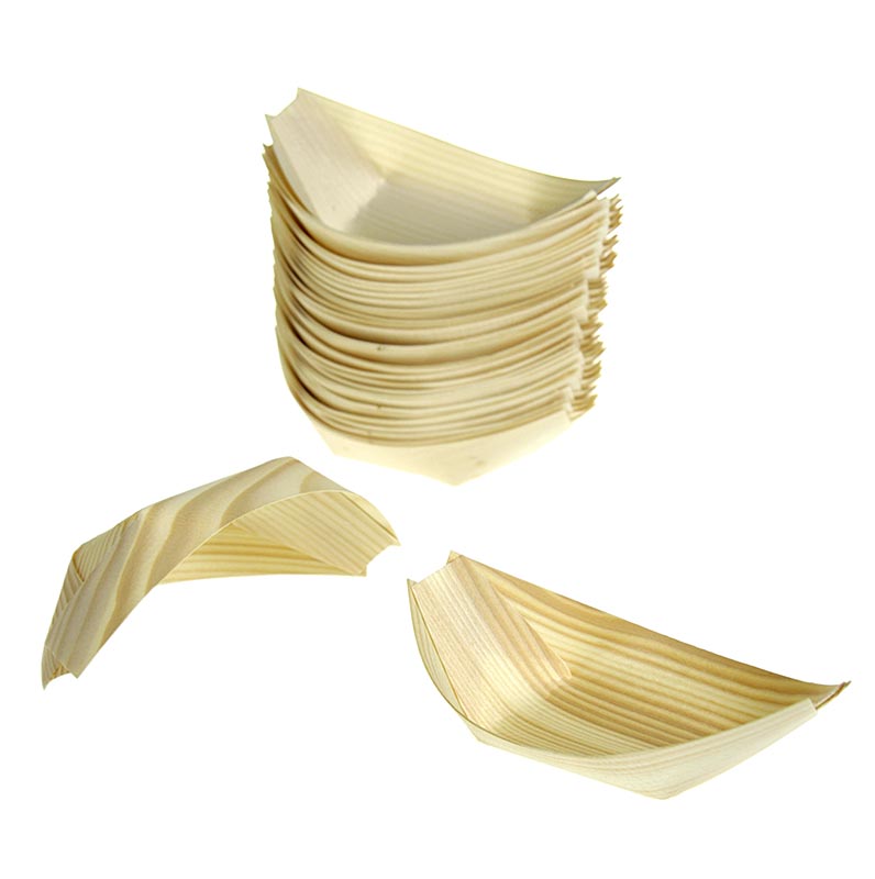 Barchetta monouso in legno flessibile, resistente al calore fino a 180°C, perfetta per i finger food