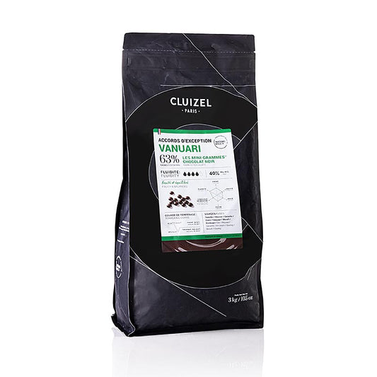 Bitter couverture Vanuari 63%, Bitter Couverture, Grandes Teneurs, Callets, Michel Cluizel, 3 kg con miele dolce, toni floreali, frutti rossi e acidità pepata, prodotto da Michel Cluizel, una rinomata azienda familiare francese con oltre 60 anni di esperienza nella produzione di prodotti di cioccolato finissimi