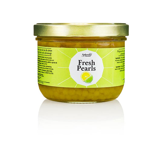 Caviale di frutta lemon-lime, dimensioni 5 mm, sfere, perle cocktail, 365 g - Preparazione d'avanguardia e molecolare pronta al consumo: perle cocktail di frutta sferiche, perle di 5 mm, racchiuse in una sottile membrana, ripiene di delizioso succo di frutta, per effetti sorprendenti quando esplodono sul palato, come aggiunta a spumante, Prosecco, cocktail o decorazione di piatti dolci e salati.