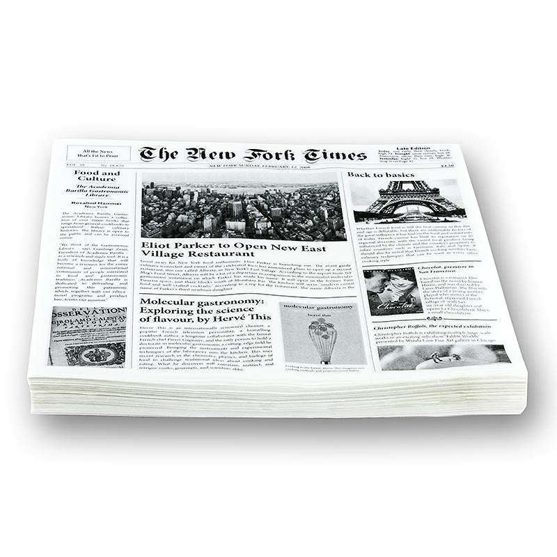 Carta snack monouso con carta da giornale, circa 290x300 mm, New Fork Times, 500 fogli - carta oleata e sicura per alimenti per il confezionamento di street food