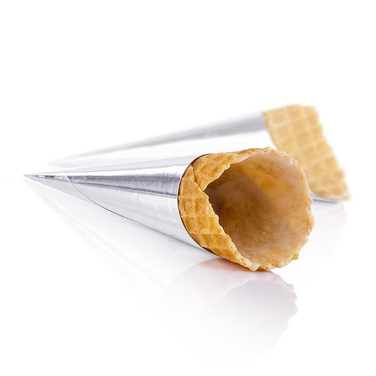 Coni waffle al pomodoro, ricoperti, ø 30x80 mm h, 498 g, 83 pz - Delicati coni waffle da farcire come finger food salato, spalmati di burro di cacao, aromatizzati e colorati al pomodoro, ideali per tartare di tonno o salmone, spume o mousse