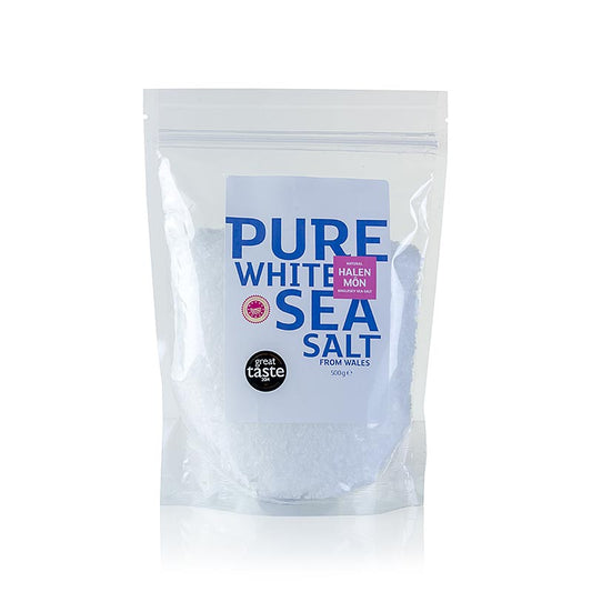Fiocchi di sale marino del Galles, 500 g, ottenuti intorno all'isola di Anglesey, esaltano ogni piatto con candidi e croccanti fiocchi di sale Uno chef ha detto di questo sale: "il sapore dell'oceano più puro".