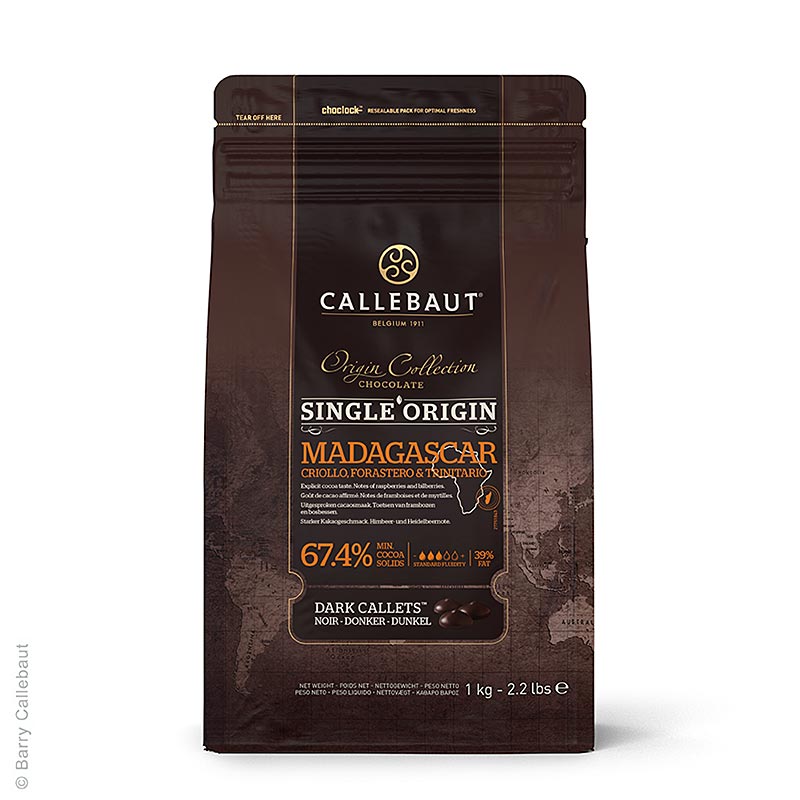 Origine Madagascar, copertura fondente, callets, 67,4% di cacao, 2,5 kg | Copertura, stampi per cioccolato, prodotti al cioccolato | thungourmet