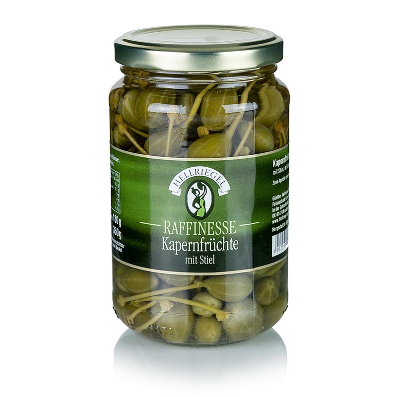 Delicati capperi Rafinesse con gambo, ø fino a 15 mm, in una pratica confezione da 350 g
