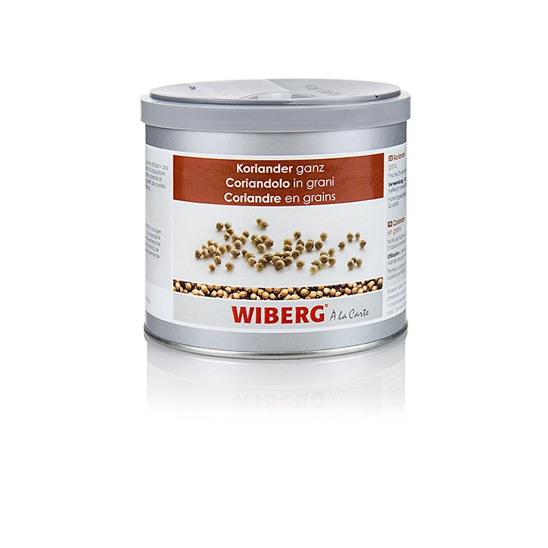 Un'immagine del coriandolo Wiberg, intero, 160 g, leggermente piccante e leggermente dolce, ideale per vari piatti come pane, prodotti da forno, brodi, salse, zuppe, piatti a base di carne scura, maiale, piatti di pollame, stufati, verdure e dessert.
