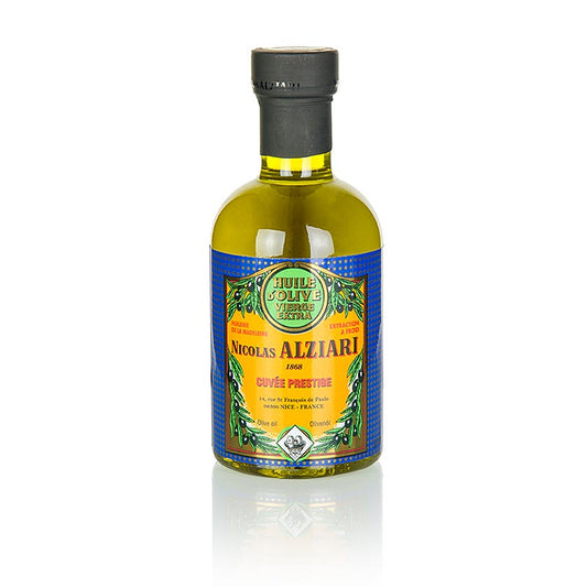 Olio pregiato e rinomato dell'antico frantoio Alziari di Nizza, cuvée giallo oro, fruttato e di delicata finezza, gustoso con piatti cotti e verdure crude pregiate, fruttato con note di mango, carciofo e noci, profumo di mandorle fresche, si intensifica nei piatti caldi