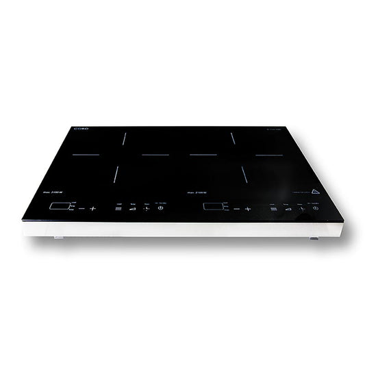 Piano di cottura mobile a induzione in acciaio inox e vetro, con 2 piastre, tecnologia PowerSharing, 3500 watt, design moderno, display touch con sensore, funzione timer, intervallo di temperatura da 60 a 240°C, rilevamento automatico delle pentole e protezione dal surriscaldamento