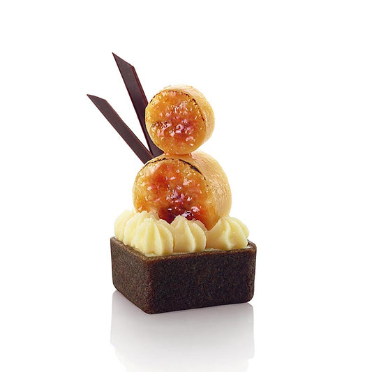 Tartelette da dessert - Filigrano, quadrato, 3,3 cm, H 1,8 cm, pasta frolla al cioccolato, 1,485 kg, 225 pezzi.