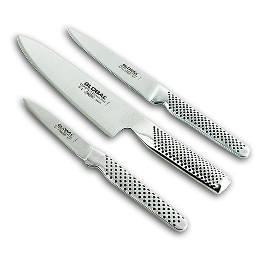 Set di coltelli di alta qualità Global G-21524 con tre coltelli indispensabili in acciaio al cromo vanadio Sviluppato per una precisione e un comfort ottimali nel lavoro in cucina Acquista ora il set di coltelli in Svizzera