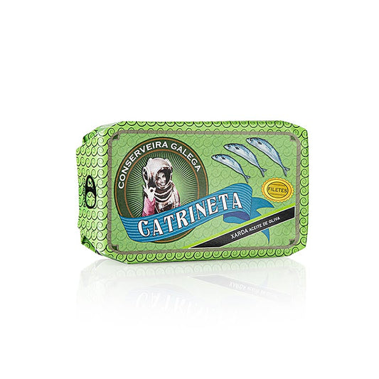 Filetti di sgombro interi in olio d'oliva, Catrineta, 120 g - Filetti di sgombro sottili, senza pelle e senza lische, marinati in olio d'oliva di alta qualità, perfetti per tapas, antipasti, pasta, insalate e pane bianco tostato.