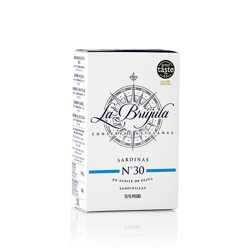 Sardine intere in olio d'oliva, 12-15 pezzi, La Brújula, 115 g