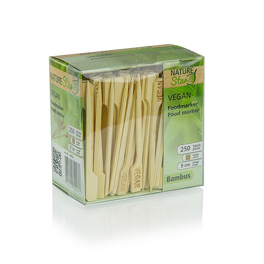 Spiedini di bambù, con estremità a foglia, etichettati "Vegan", 9 cm, 250 pezzi.